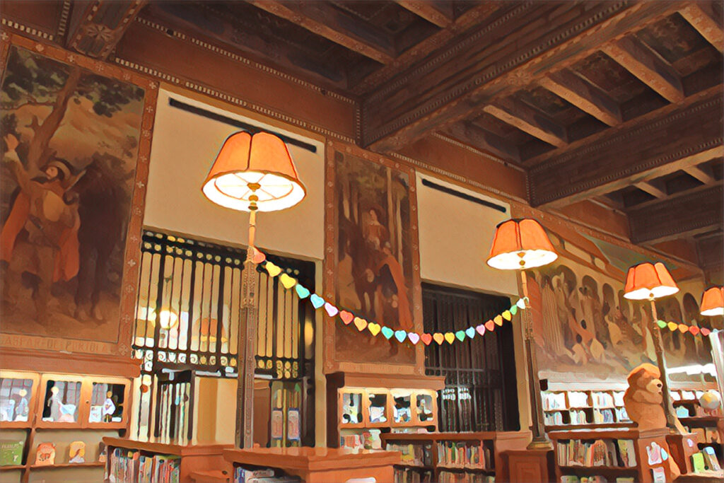 Bronze lamps inside the children's room of the Los Angeles central public library