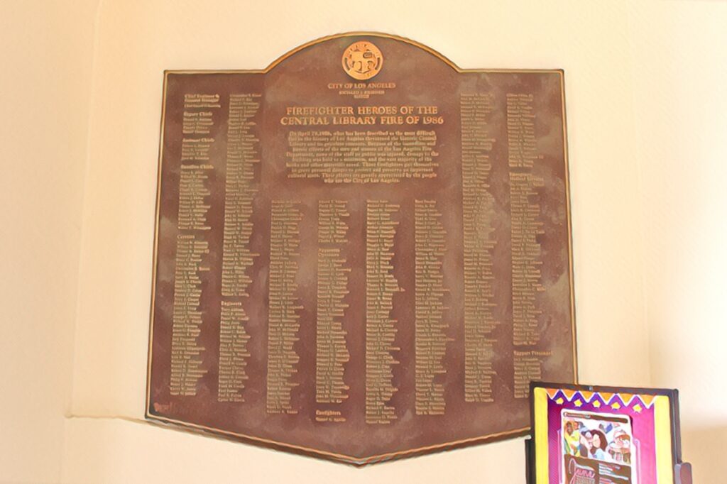 firefighter plaque in the Los Angeles central public library