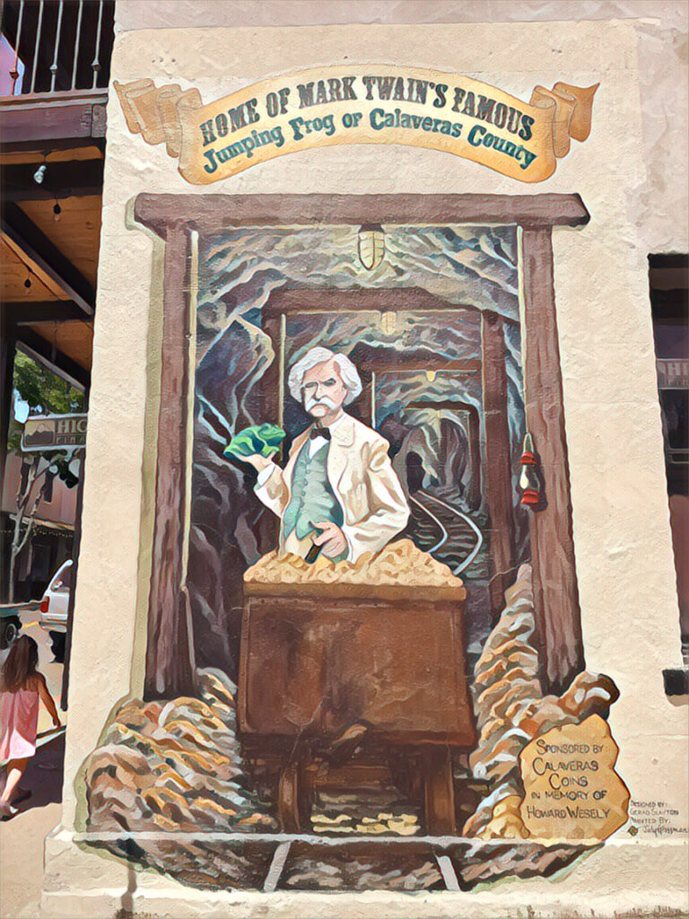 A mural of Mark Twain in Angels Camp, CA