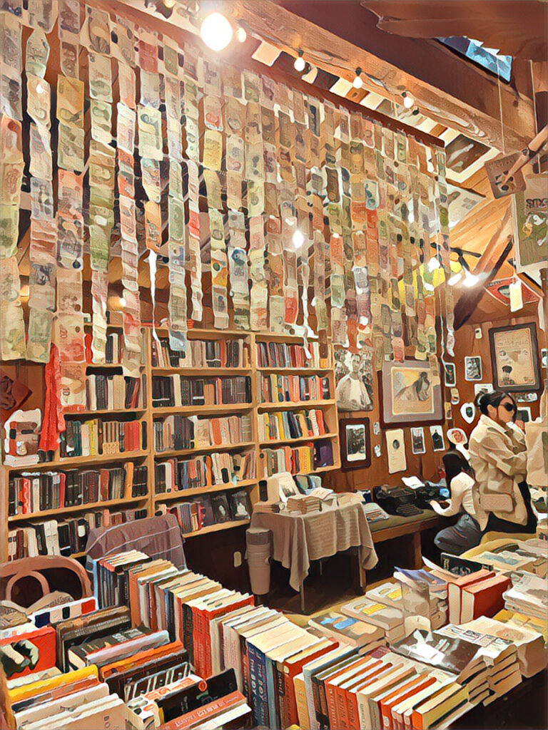 Foreign currency hangs fro the ceiling at the Henry Miller Library